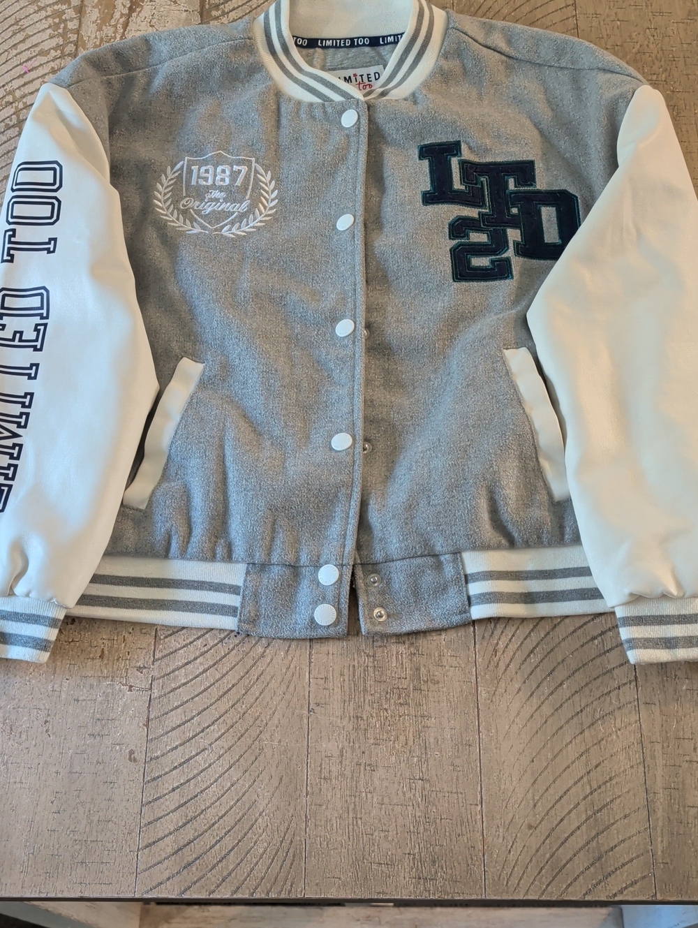 Limited Too Gray and White Varsity Jacket with Navy Patch